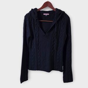 VTG Polo Jeans Co Ralph Lauren Womens Navy Blue Cable Knit Hoodie Sweater Small